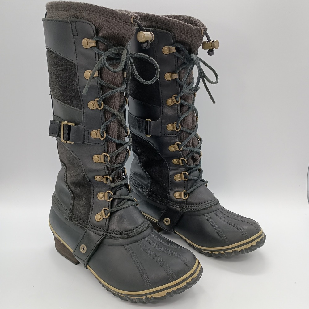Sorel Conquest Carly Black Leather Rubber Tall Boots Womens 6.5 Rain Winter - Picture 1 of 14